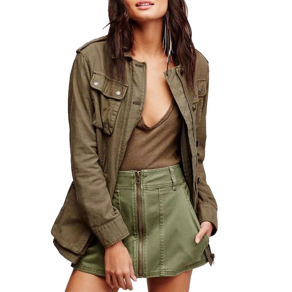 FREE PEOPLE Sz 12 Too Cool Military Skirt Army Green Full Zip Stretch EUC - Picture 8 of 10